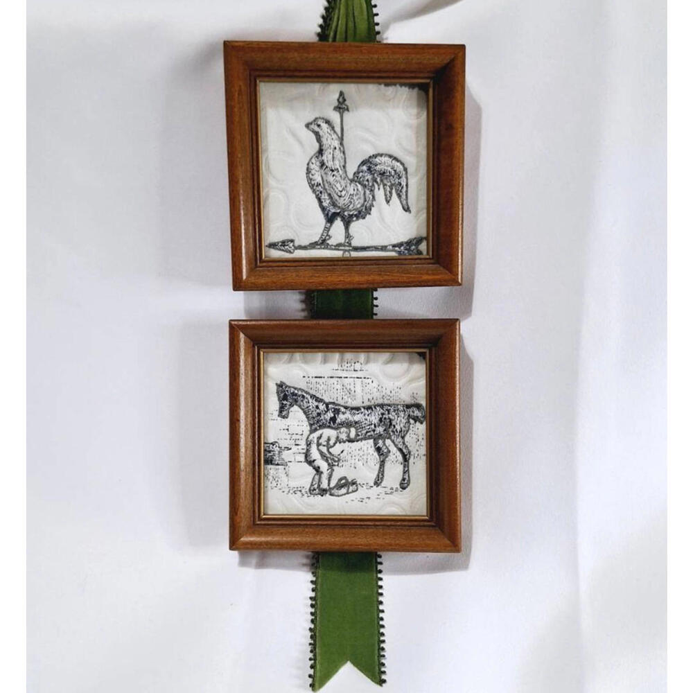 VTG‎ Cottage Craft Fabric Sculpture Rooster Horse Textile Gallery Wall Art